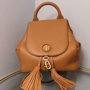Tory Burch Flap Bag Whipstich Logo Mini Bark Tan Tassel Drawstring Brown Leather